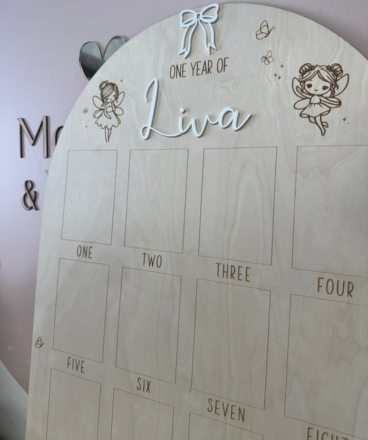 Houten Fotobord – Eerste Jaar met Elfjes & Bloemen