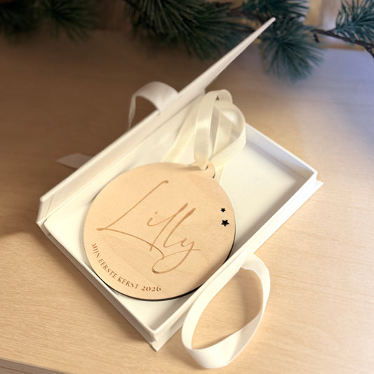 Houten Kerstbal “Mijn Eerste Kerst” – Gepersonaliseerd met Naam & Jaartal