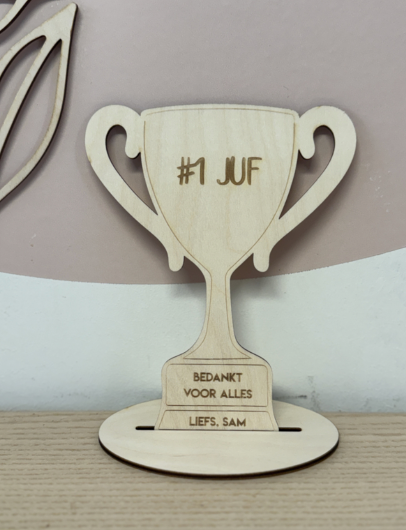 Trofee voor de meester of juf gegraveerd met persoonlijke tekst