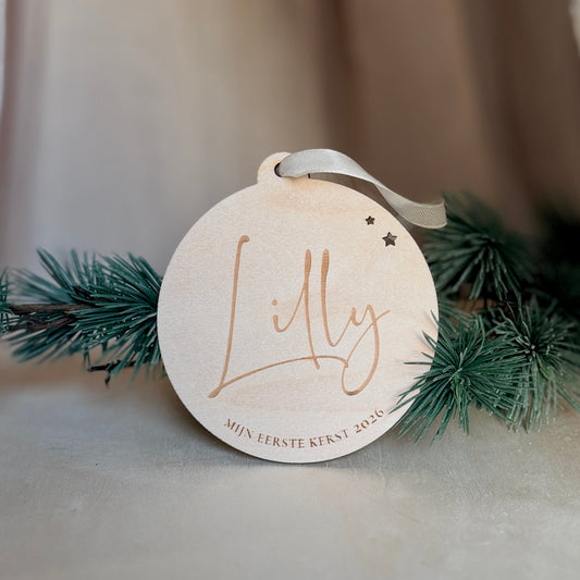 Houten Kerstbal “Mijn Eerste Kerst” – Gepersonaliseerd met Naam & Jaartal