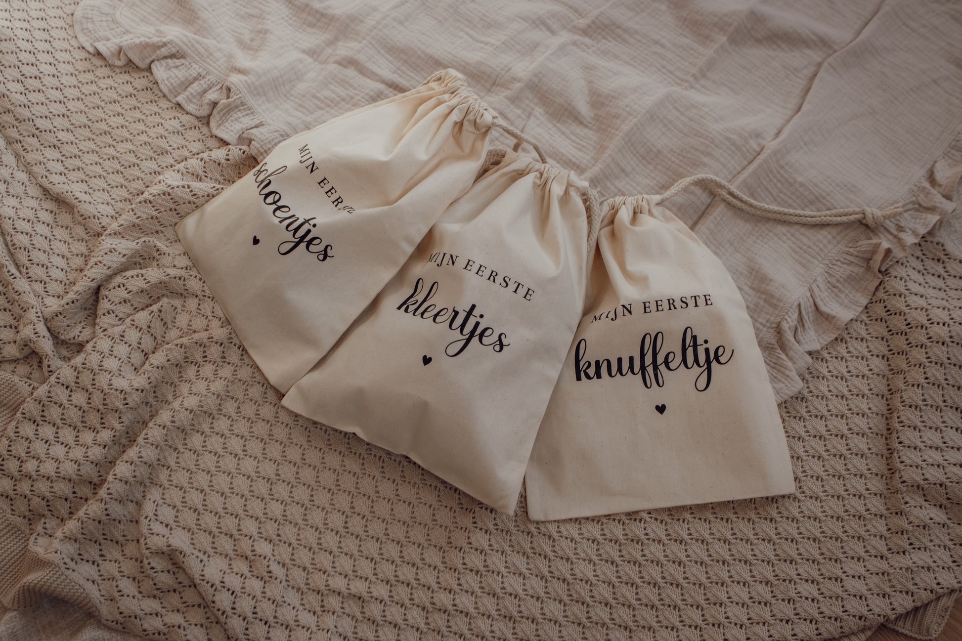 Bewaarzakjes baby's eerste spulletjes van stevig canvas
