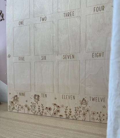 Houten Fotobord – Eerste Jaar met Elfjes & Bloemen