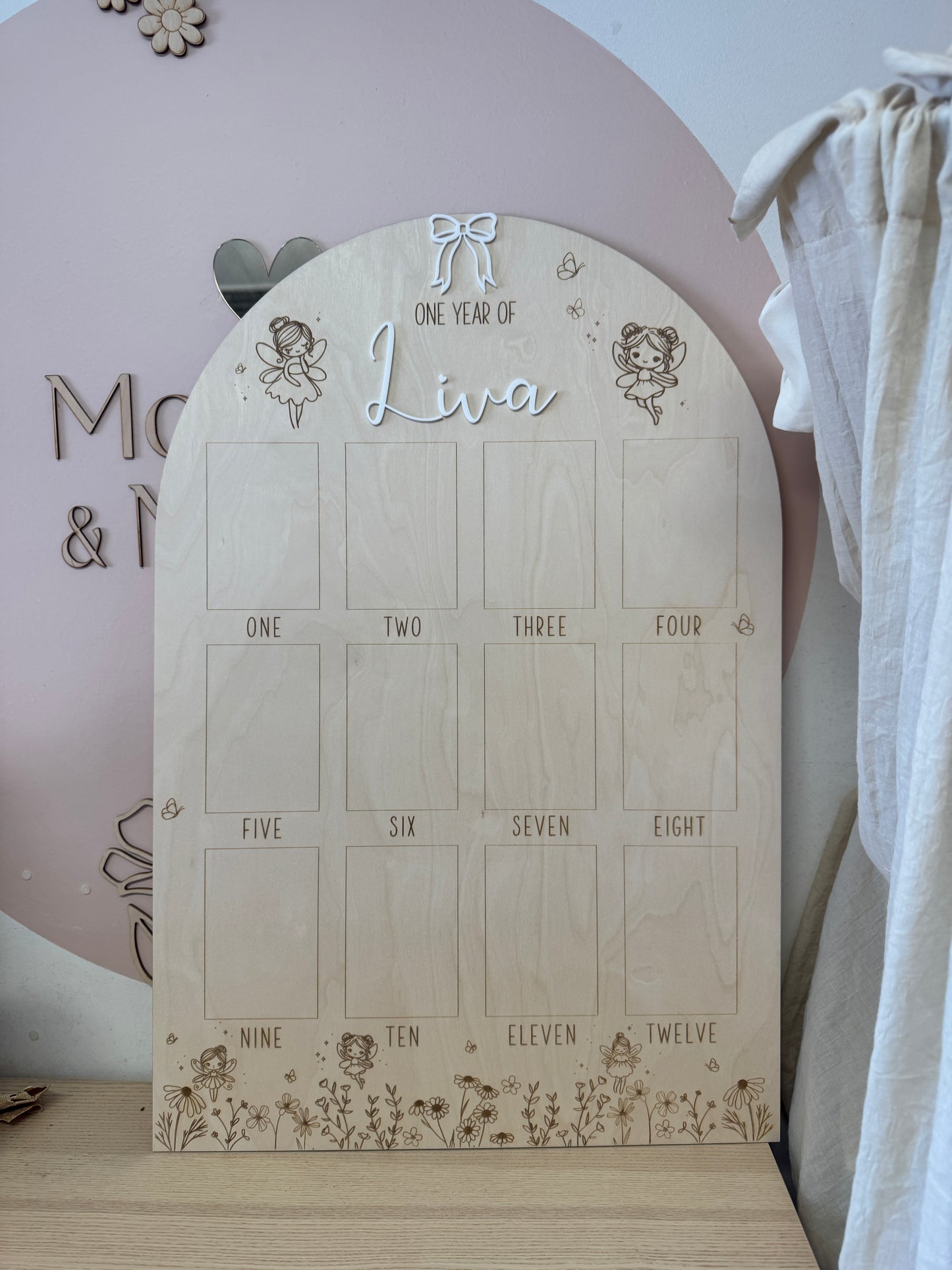 Houten Fotobord – Eerste Jaar met Elfjes & Bloemen