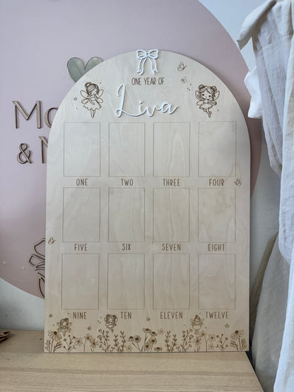 Houten Fotobord – Eerste Jaar met Elfjes & Bloemen