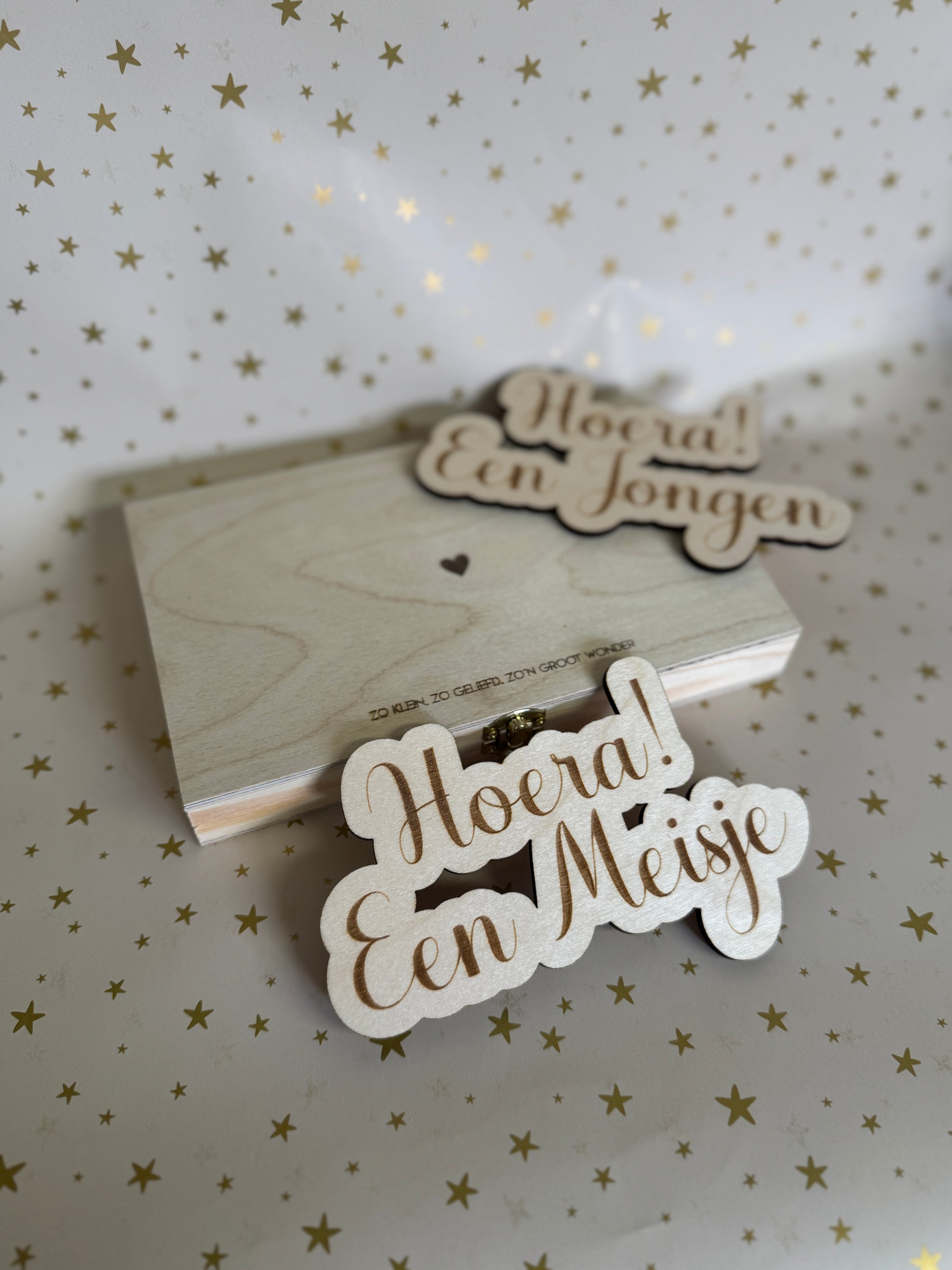 Gender reveal aankondiging houten kistje meisje