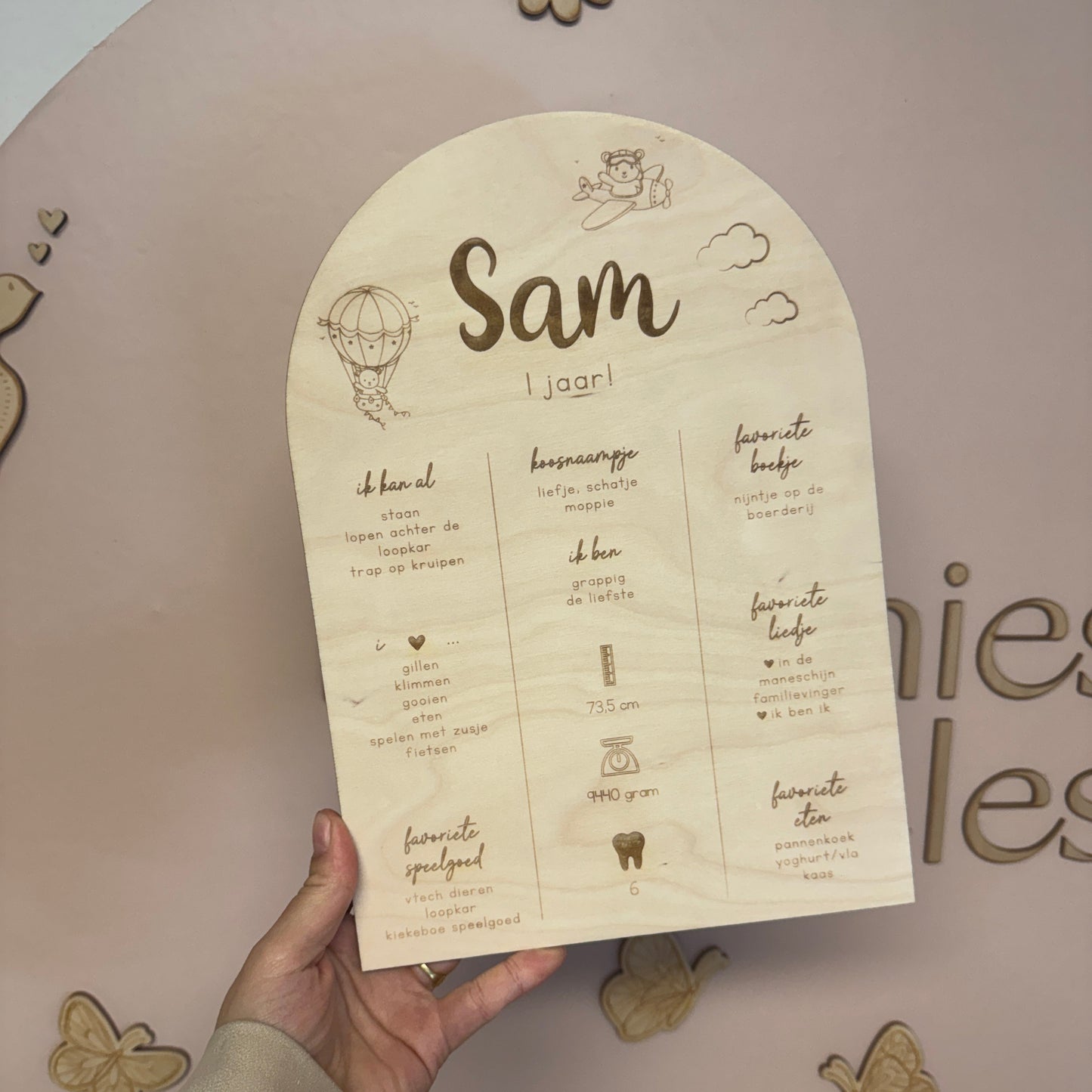 Hoera 1 Jaar! Mijlpalen Houten Bord Gegraveerd