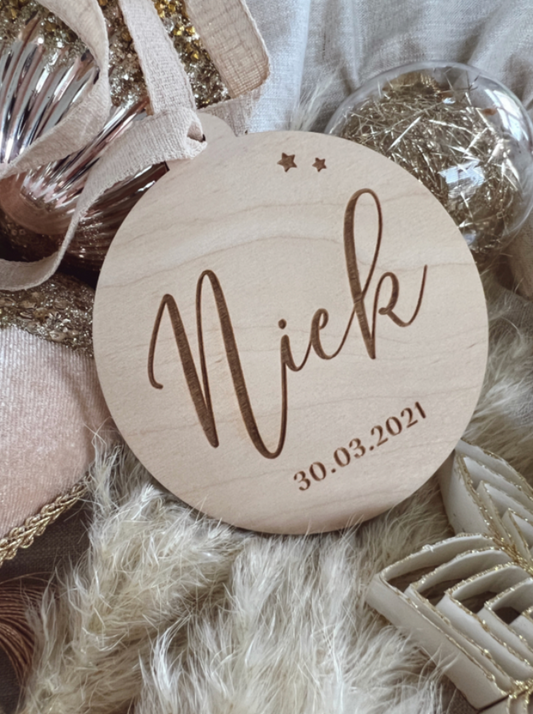 Houten Kerstbal met Naam_ Datum of tekst