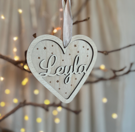 Houten Kerstornament Hartvorm met Naam