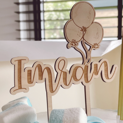 Houten Taarttopper met Naam & Ballonnen