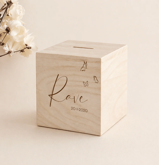 Houten Spaarpot Met Vlinders