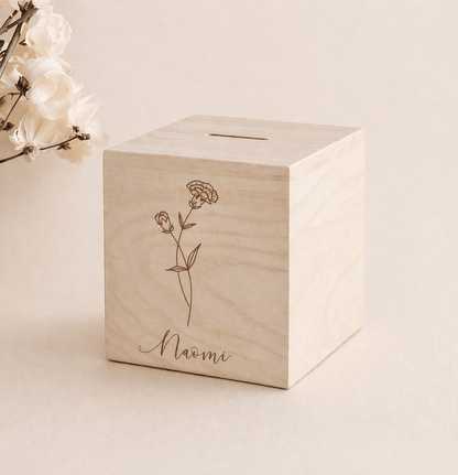 Houten spaarpot met geboortebloem Met naam 