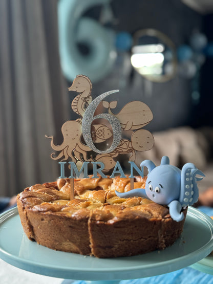 Houten taarttopper met naam en zeedieren Gepersonaliseerd