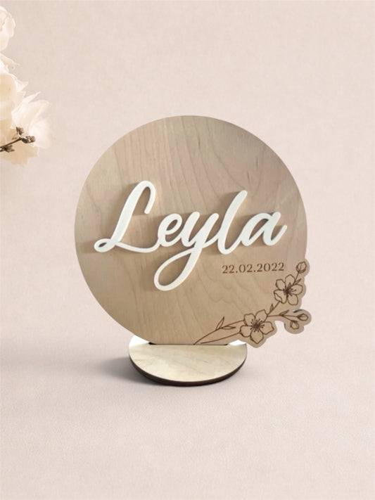 Houten Naambordje 3D met Bloemen
