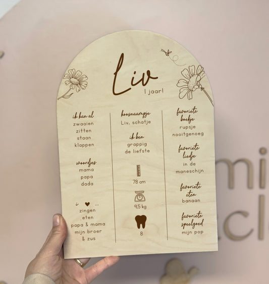 Houten Bord: Herinneringen aan het Eerste Jaar | Bloemen Thema