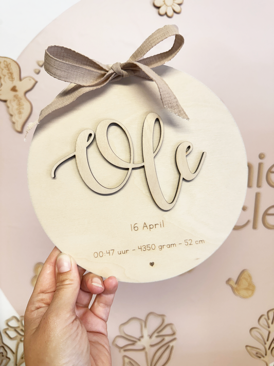 Geboortebord 3D met naam en geboortegegevens