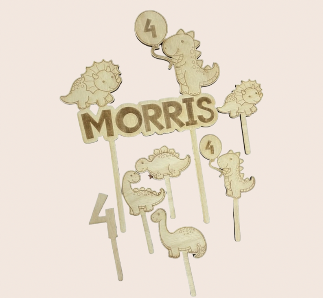 Set Houten Taarttopper & Cupcake Toppers | Dino's