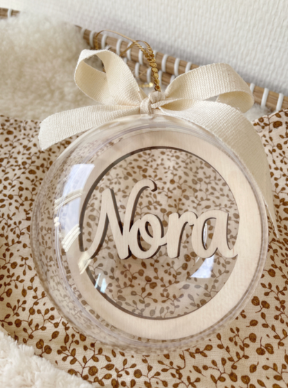 Transparante kerstbal met houten naam