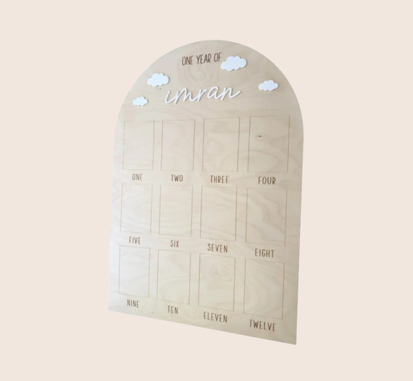 Houten Fotobord – Eerste Jaar met Wolken Thema