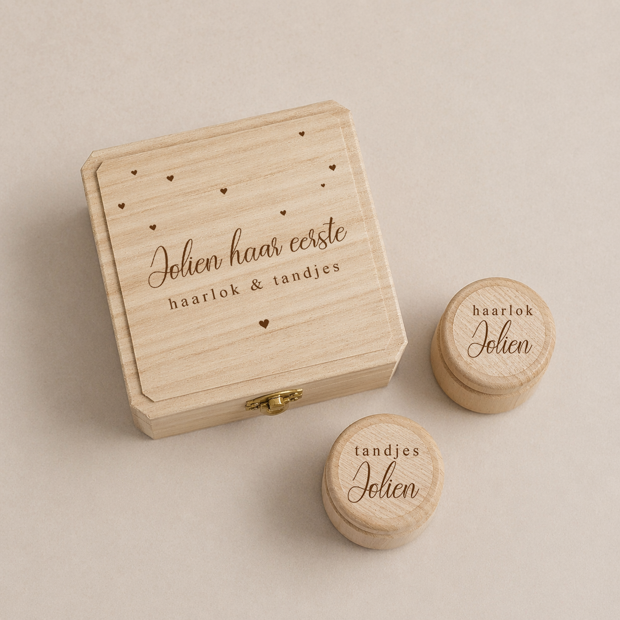 Houten Bewaardoosje Haarlok & Tandjes | Hartjes